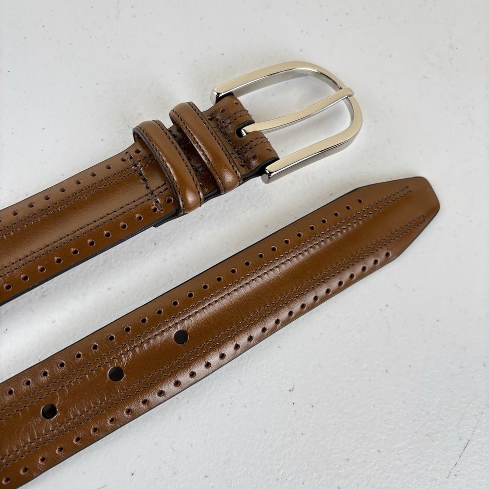 Johnston & Murphy Brown Leather Belt Mens 38 Silver Buckle Punch Hole